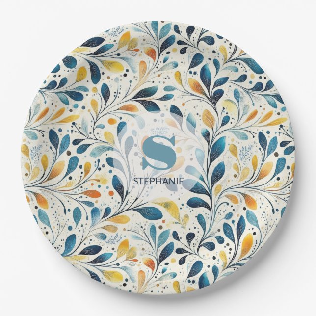 Blue and Gold Paisley Leaf Pattern (2) Paper Plate (Front)