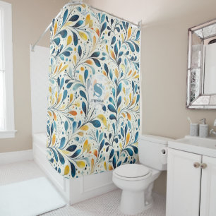 Blue and Gold Paisley Leaf Pattern (2) Shower Curtain