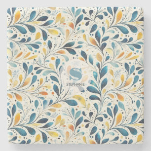 Blue and Gold Paisley Leaf Pattern (2) Stone Coaster