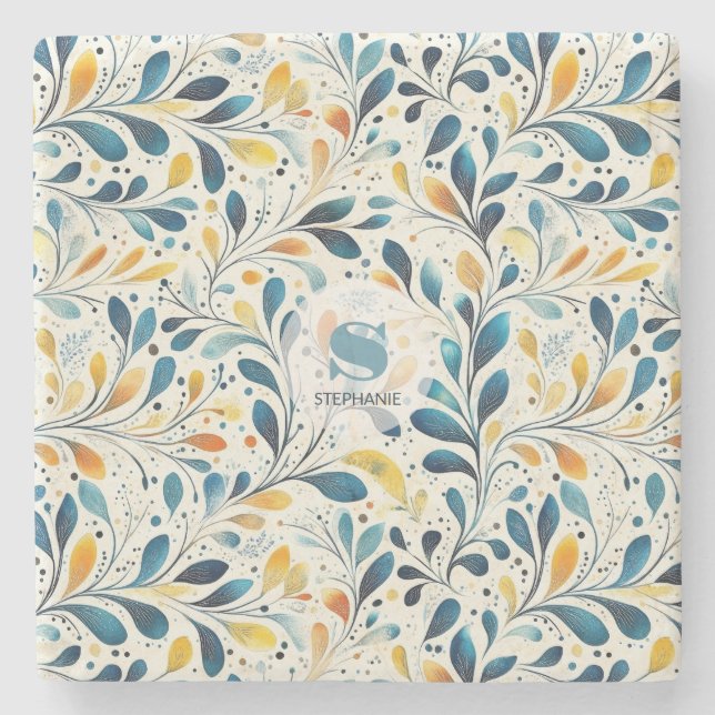 Blue and Gold Paisley Leaf Pattern (2) Stone Coaster (Front)