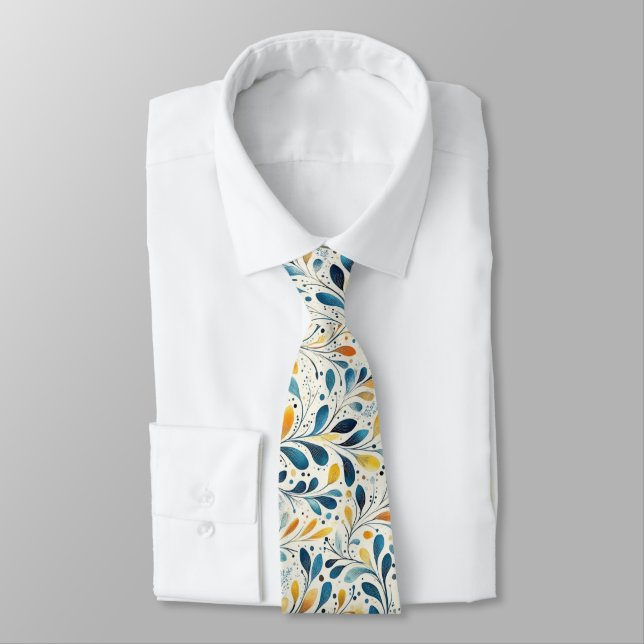 Blue and Gold Paisley Leaf Pattern (2) Tie (Tied)