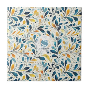 Blue and Gold Paisley Leaf Pattern (2) Tile