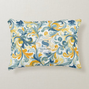 Blue and Gold Paisley Leaf Pattern Decorative Cushion