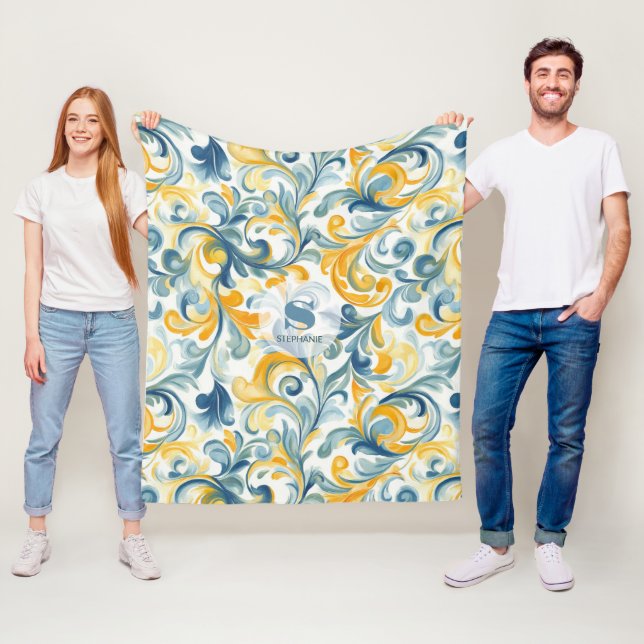 Blue and Gold Paisley Leaf Pattern Fleece Blanket (In Situ)