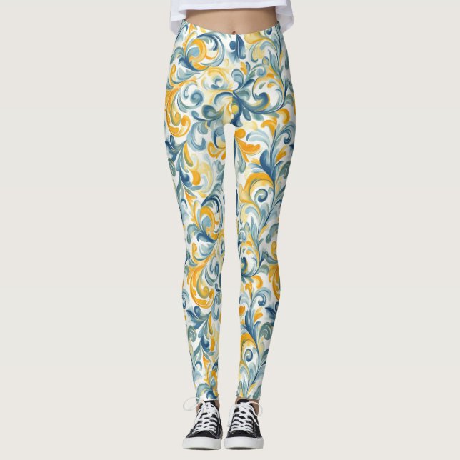 Blue and Gold Paisley Leaf Pattern Leggings (Front)