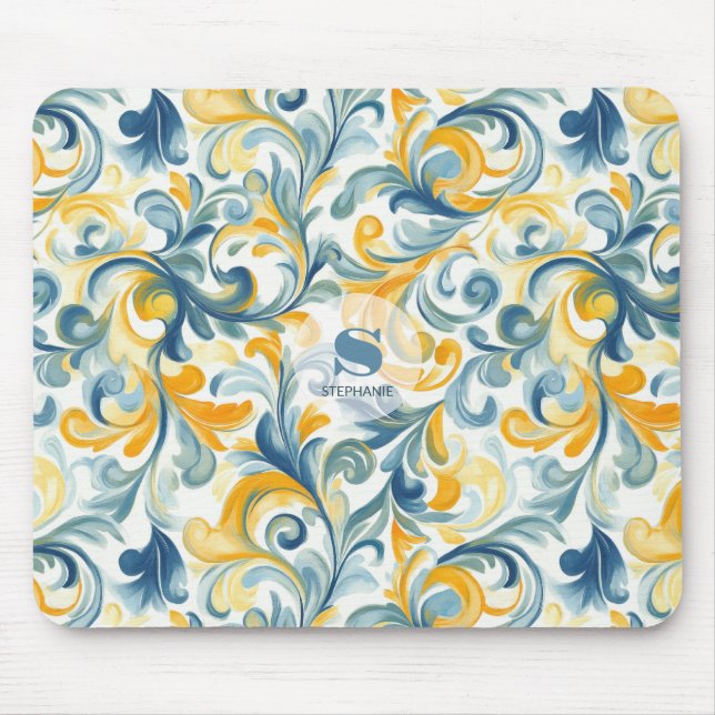 Blue and Gold Paisley Leaf Pattern Mouse Mat (Front)