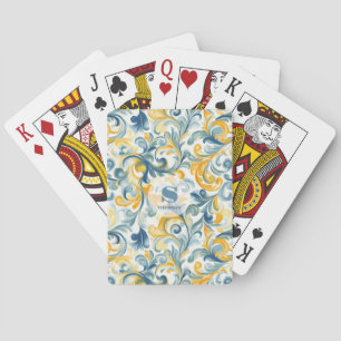 Blue and Gold Paisley Leaf Pattern Playing Cards