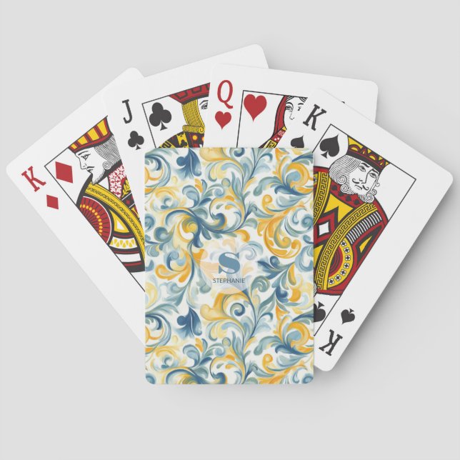 Blue and Gold Paisley Leaf Pattern Playing Cards (Back)