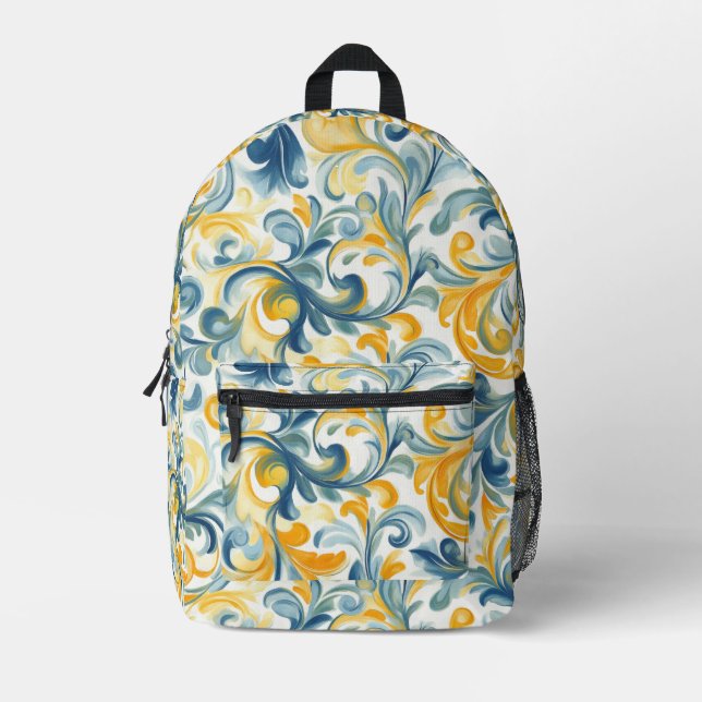 Blue and Gold Paisley Leaf Pattern Printed Backpack (Front)