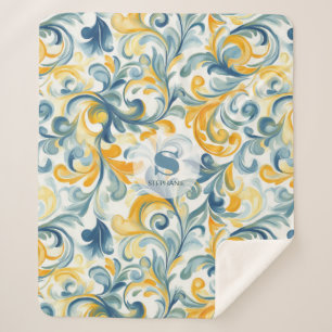 Blue and Gold Paisley Leaf Pattern Sherpa Blanket