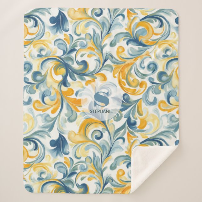Blue and Gold Paisley Leaf Pattern Sherpa Blanket (Front)