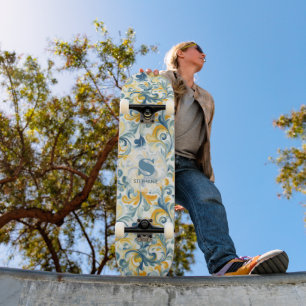 Blue and Gold Paisley Leaf Pattern Skateboard