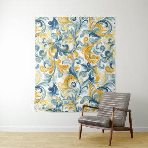 Blue and Gold Paisley Leaf Pattern Tapestry