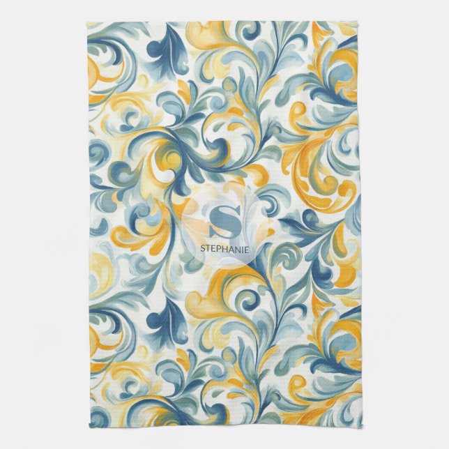 Blue and Gold Paisley Leaf Pattern Tea Towel (Vertical)