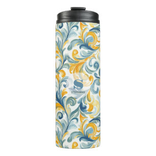 Blue and Gold Paisley Leaf Pattern Thermal Tumbler