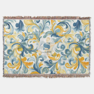 Blue and Gold Paisley Leaf Pattern Throw Blanket