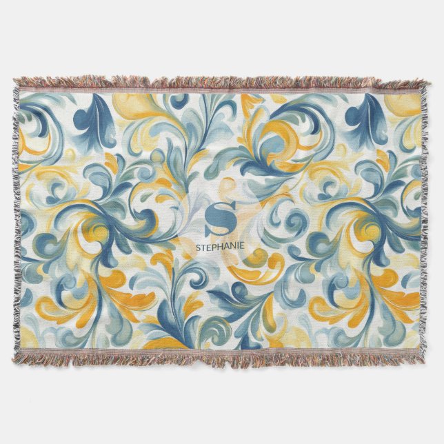 Blue and Gold Paisley Leaf Pattern Throw Blanket (Front)