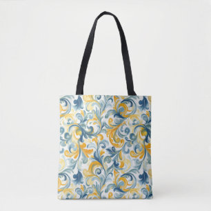 Blue and Gold Paisley Leaf Pattern Tote Bag