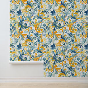Blue and Gold Paisley Leaf Pattern Wallpaper