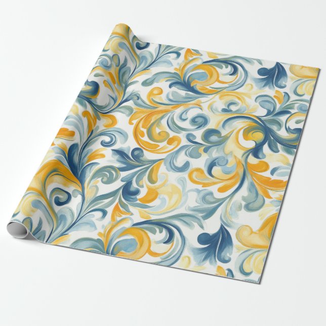 Blue and Gold Paisley Leaf Pattern Wrapping Paper (Unrolled)