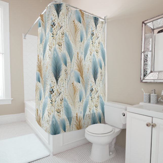 Blue and Gold Pampas Grass Shower Curtain (In Situ)