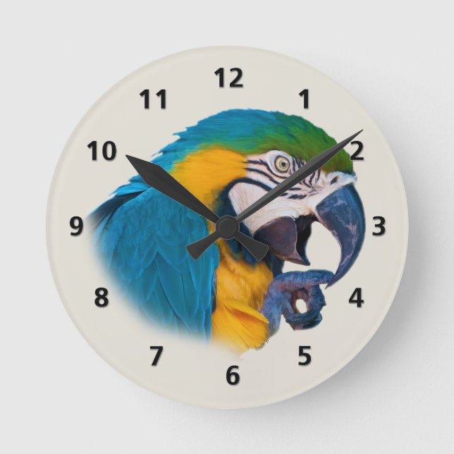 Blue and Gold Parrot Customisable Round Clock (Front)