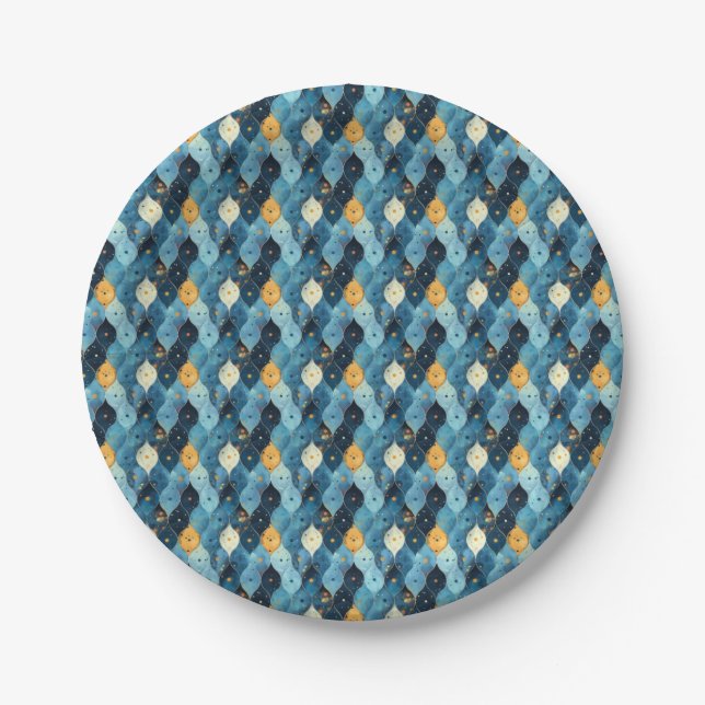Blue and Gold Pattern Birthday Party Paper Plates (Front)
