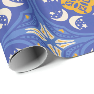 Blue and gold patterned geometric  wrapping paper