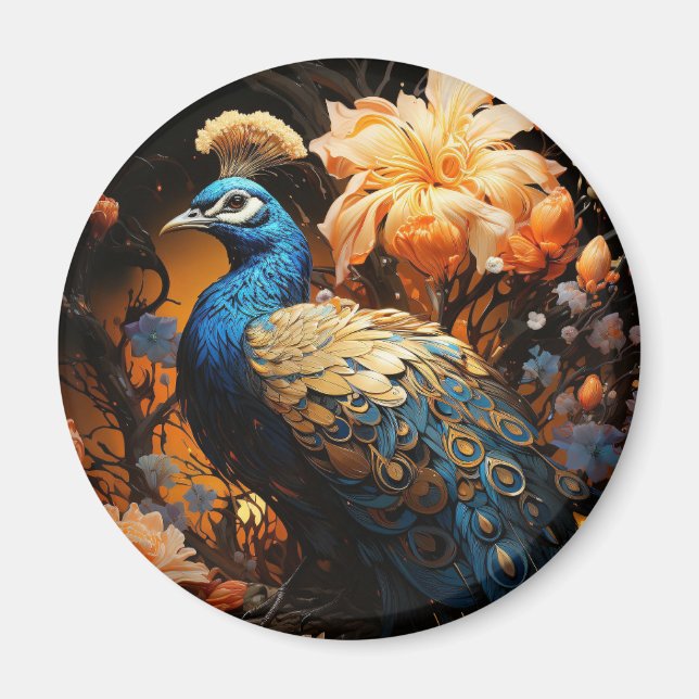 Blue and Gold Peacock AI Generated Magnet (Front)