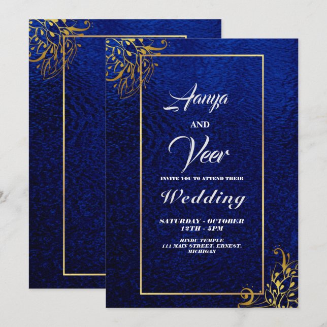 BLUE and Gold Peacock Indian Wedding Invitation (Front/Back)