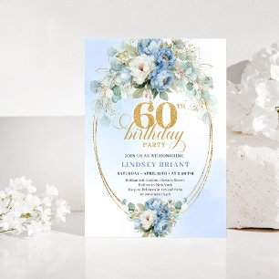 Blue and Gold Peonies 60th Birthday Invitation