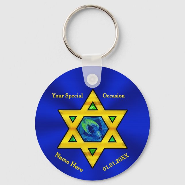 Blue and Gold Personalised Bar Mitzvah Favours Key Ring (Front)