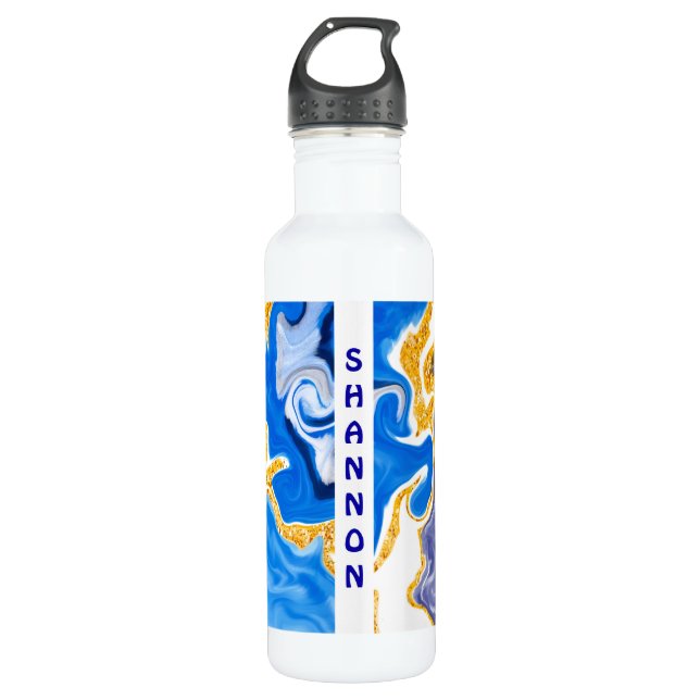 Blue and Gold Personalised Marble Fluid Art  710 Ml Water Bottle (Front)