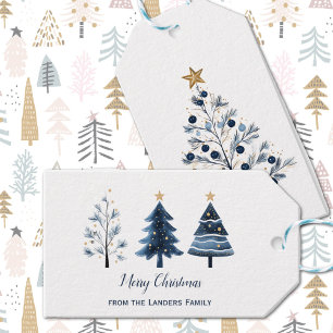 Blue and Gold Personalised Merry Christmas Trees Gift Tags