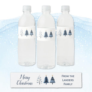 Blue and Gold Personalised Merry Christmas Trees  Water Bottle Label
