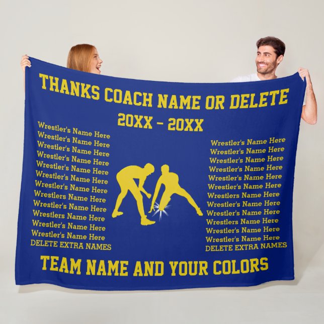 Blue and Gold Personalised Wrestling Coach Gifts Fleece Blanket (In Situ)