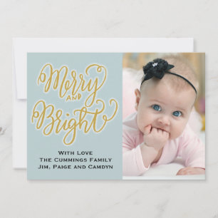 Blue and Gold Photo Christmas Card Merry & Bright