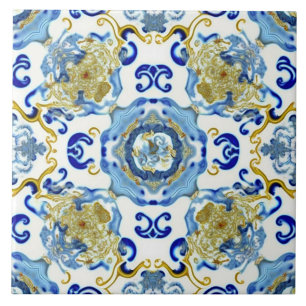 Blue and Gold Porcelain Inspired Medallion Tile