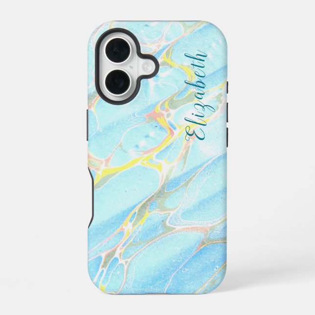 Blue and Gold Print Summer Modern Custom Name iPhone 16 Case (Back)
