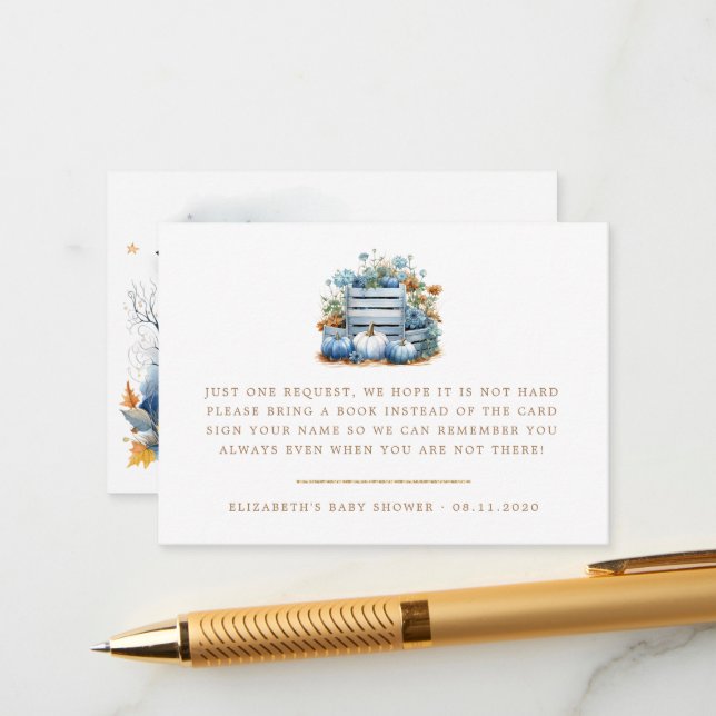 Blue And Gold Pumpkin Autumn Baby Shower Enclosure Card (Front/Back In Situ)