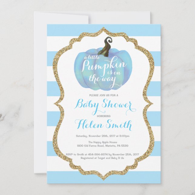Blue and Gold Pumpkin Boy Baby Shower Invitation (Front)