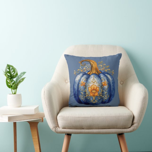 Blue and Gold Pumpkin Floral Blue Halloween Cushion (Chair)
