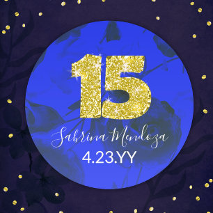 Blue and Gold Quinceanera Round Glitter Sticker