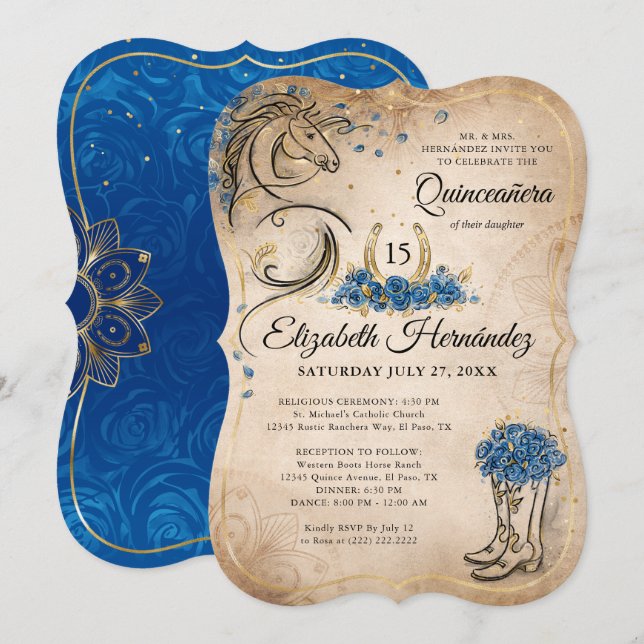 Blue and Gold Quinceanera Rustic Horse Birthday Invitation (Front/Back)
