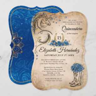 Blue and Gold Quinceanera Rustic Horse Birthday Invitation