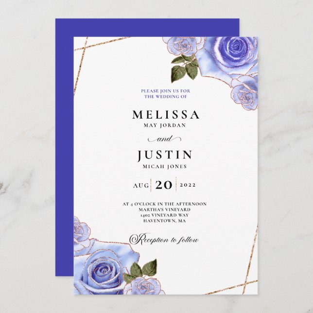 Blue and Gold Rose Glitter Wedding Invitation (Front/Back)