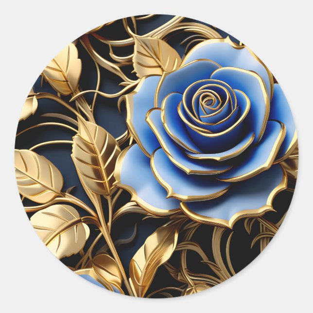 Blue And Gold Roses Art Nouveau Classic Round Sticker (Front)