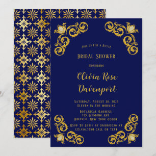 Blue and Gold Royal Crown Damask Bridal Shower Invitation