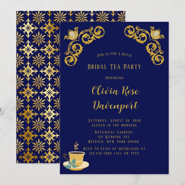 Blue and Gold Royal Crown Damask Bridal Tea Party Invitation (Front/Back)