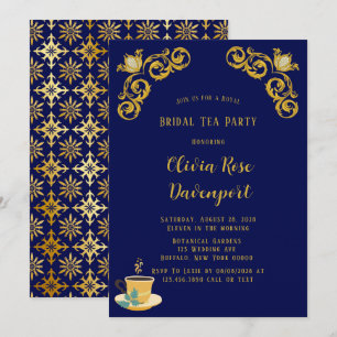 Blue and Gold Royal Crown Damask Bridal Tea Party Invitation